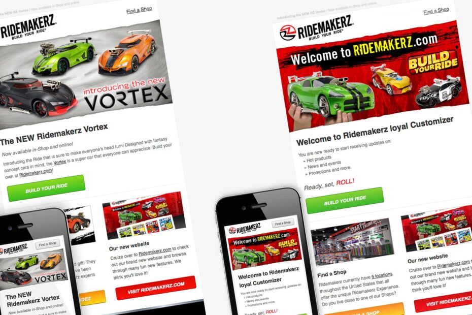 Examples of responsive emails we designed for the Ridemakerz brand