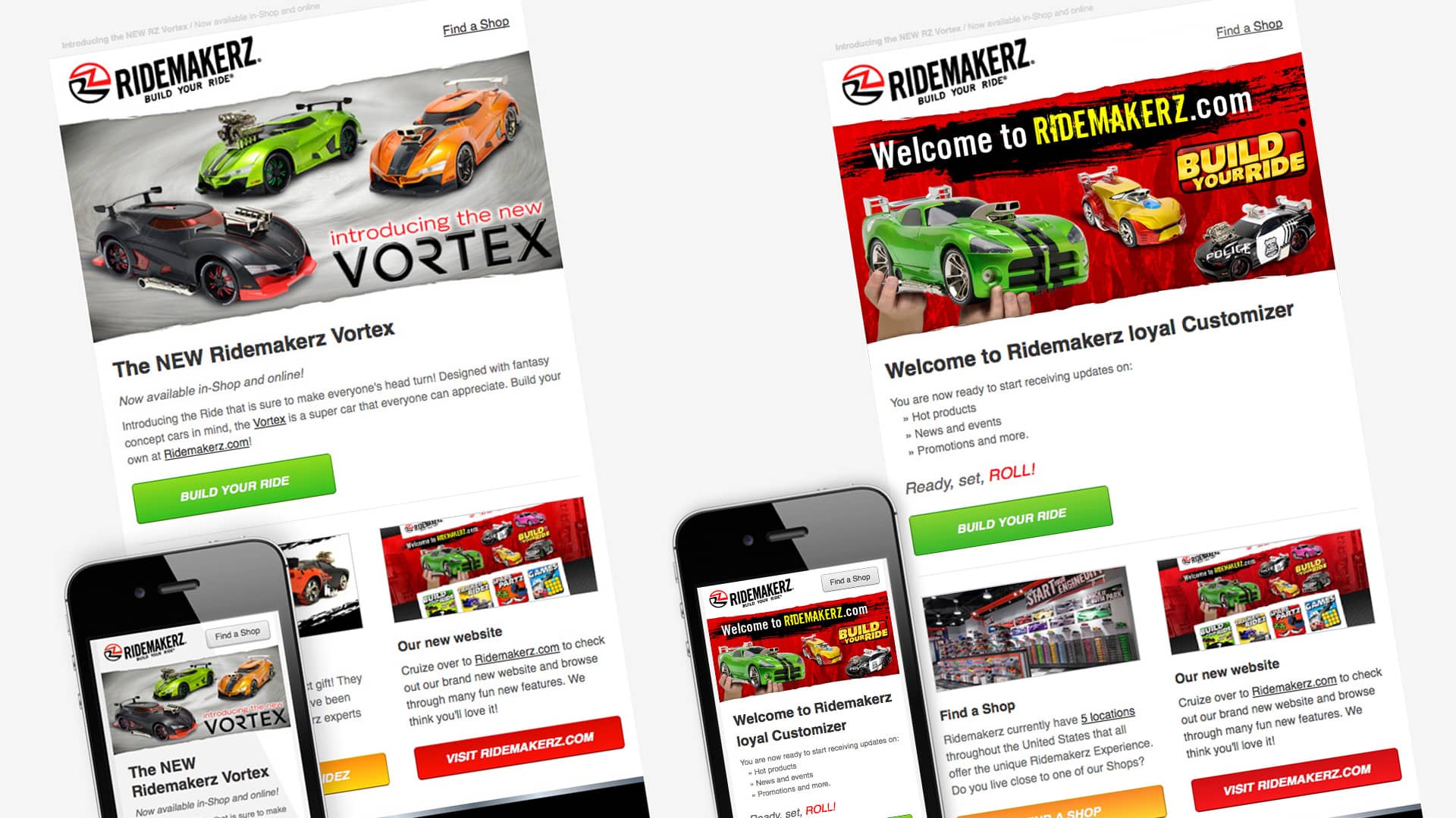 Examples of responsive emails we designed for the Ridemakerz brand